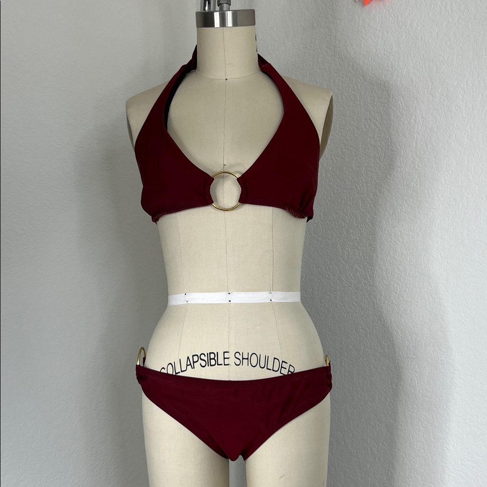 Lisa Curran O Ring Soira Halter Ring Bikini Set in Deep Wine Saks Fifth Ave